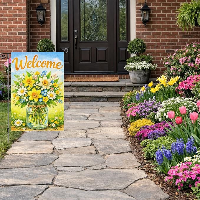 Heyfibro Hello Spring Garden Flag 12x18 Inch Double Sided Butterfly Floral Jar Garden Flag Small Yard Flags for Outside House Farmhouse Seasonal Spring Outdoor Decorations