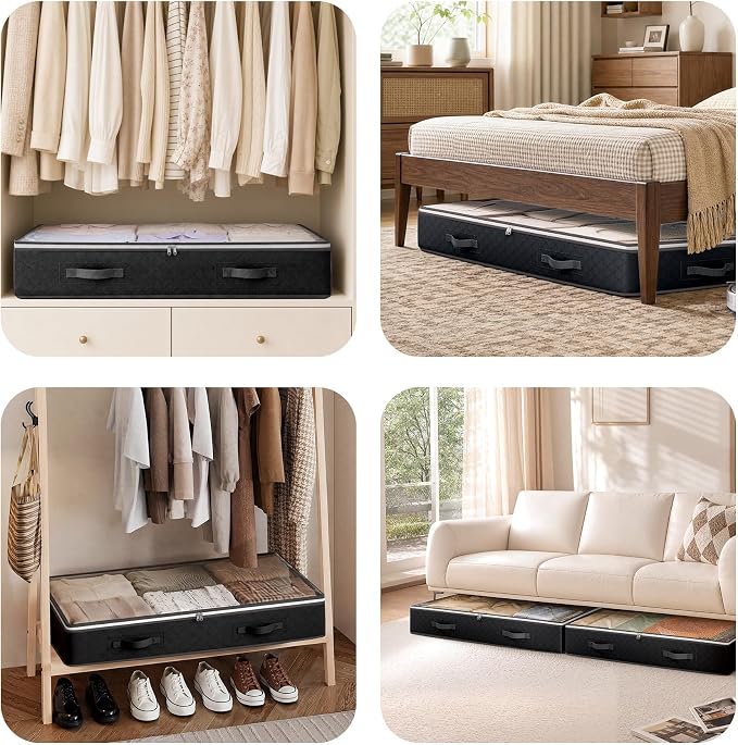 Budding Joy 95L Under Bed Storage Containers, 6 Pack Clothes Storage Bins | Foldable underbed storage bins for linen sheets, blanket, clothing, comforter, sweaters, pillows, wrapping paper, black
