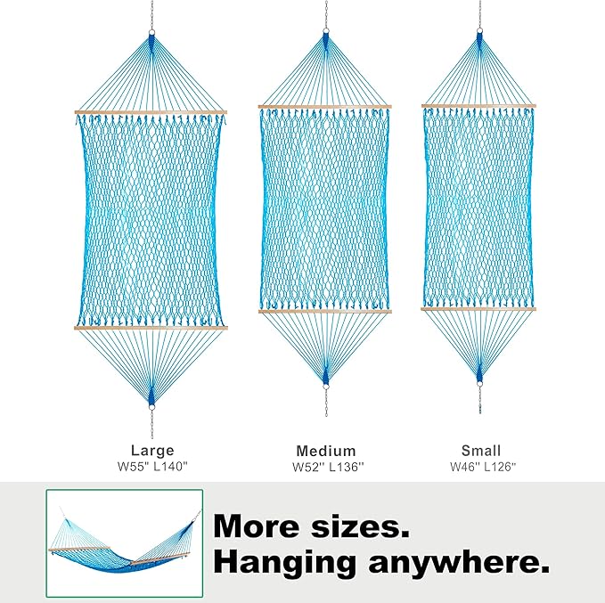 Gafete 12ft Double Hammocks for Outside, Handwoven Traditional Cotton Rope 2 Person Hammock with Hardwood Spreader Bar, Chains & Hooks for Indoor Outdoor, Max 450 lbs Capacity (Lake Aqua, Medium)