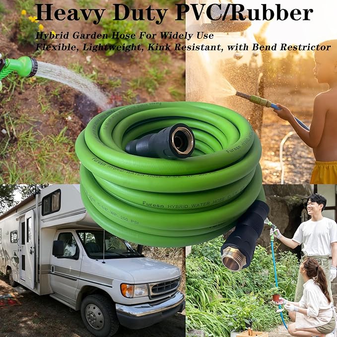Garden Hose 5/8 in x 15 ft, Hybrid, No Kink, Heavy Duty, Lightweight, Flexible, Male Female Fittings, Handle & 3/4" GHT Solid Brass, 200 PSI (15FT, Green Black)
