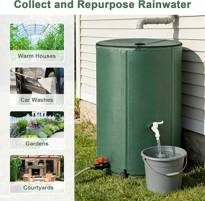 100 Gallon Collapsible Rain Barrel, Foldable Water Storage Tank, Support Rods, Drain Valve & Faucet, Portable Rainwater Collection System for Garden Irrigation and Outdoor Use