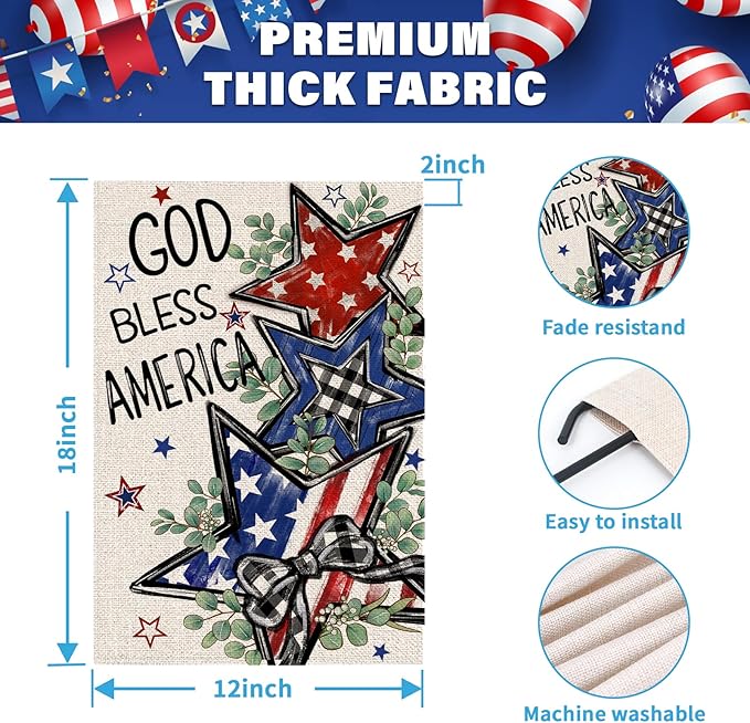 4th of July Garden Flag 12x18 Inch Double Sided Outside God Bless America Patriotic Stars Eucalyptus Memorial Day Independence Day Holiday Outdoor Yard Decoration