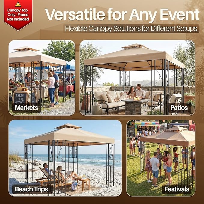Flexzion Gazebo Cover Replacement Canopy Top 8x8 Ft (2.4m x 2.4m) - Double Tier Top Canopy Cover Replacement with UV30+, Dirt, Water Resistant for Outdoor, Sunshade, Garden, Patio, Pavilion