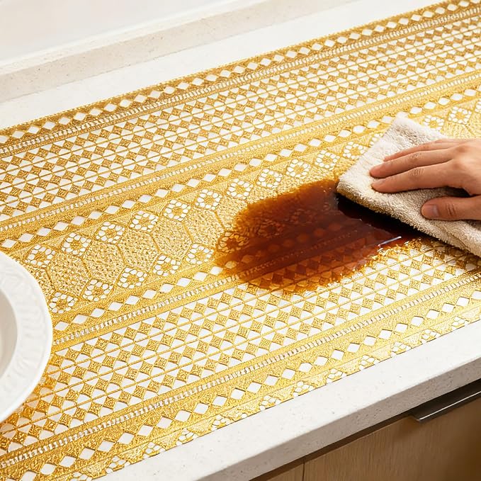 Drawer and Shelf Liner - Gold Geometric Lace Pattern,Non Adhesive
