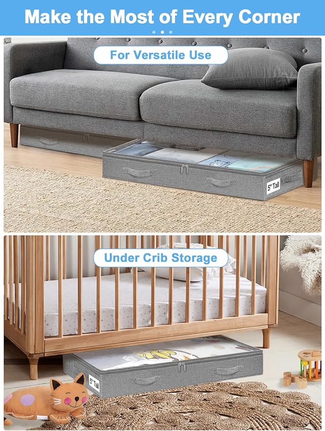 punemi 5 inch High Soft Fabric Low Profile Under Bed Storage, 2 Pack, Grey