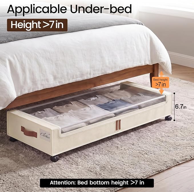 Yecaye 70L Large Under Bed Storage Containers with Wheels, 2 Pack, Beige