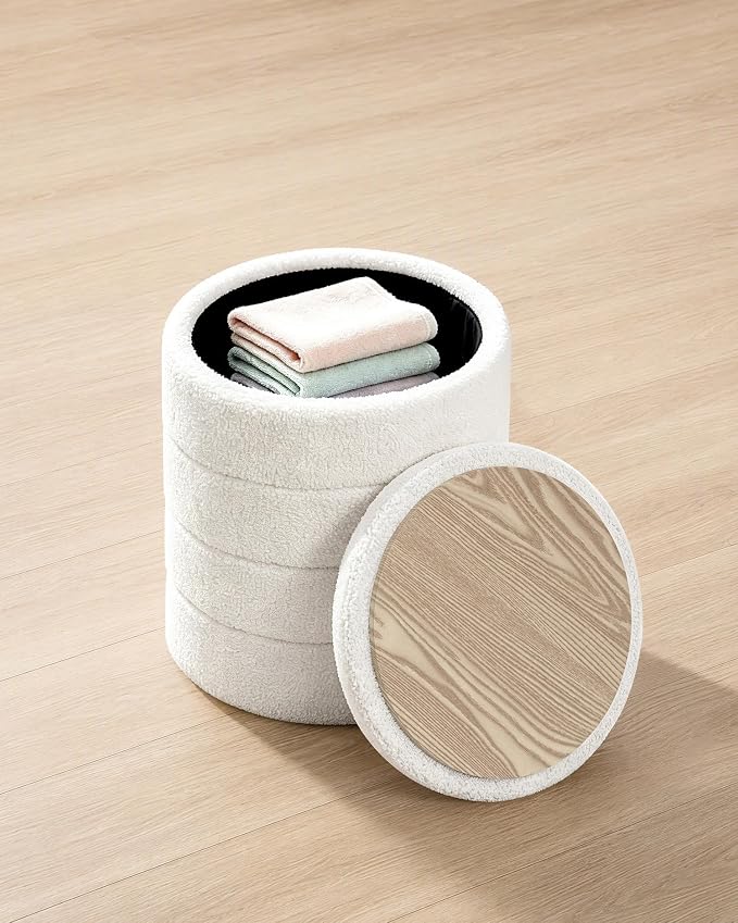 B FSOBEIIALEO Folding Storage Ottoman, Round Sherpa Ottomans, Cream White