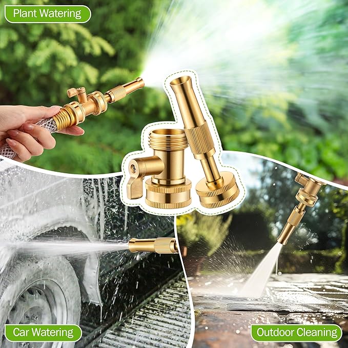 4 Pcs Garden Hose Nozzle Kit, 4" Brass Adjustable Twist Nozzle, Brass Hose Shut Off Valve with 10 Rubber Washers, Heavy Duty High Pressure Nozzle 3/4" GHT Connector for Garden Sprinkler