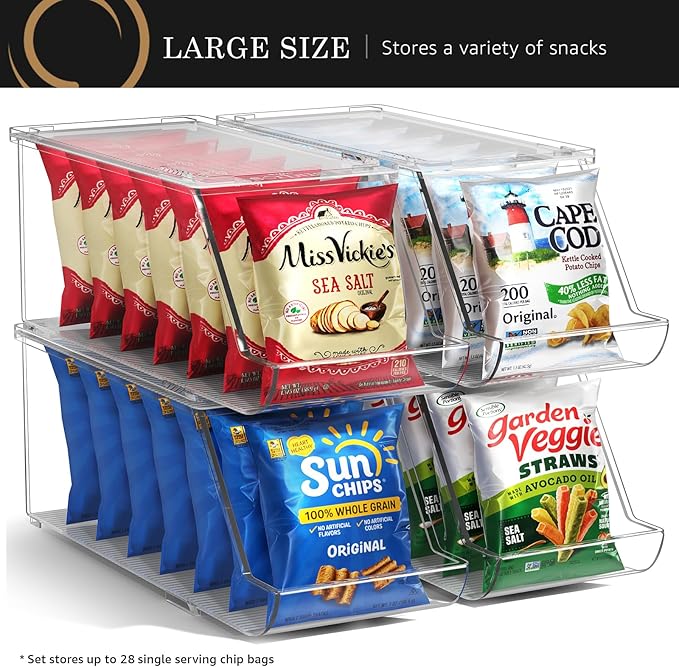 Sorbus Stackable Snack Organizer Bins Open Front – Clear Pantry Storage Bins for Chips, Snacks & Food Pouches – Kitchen Pantry Organizer (4 Pack)