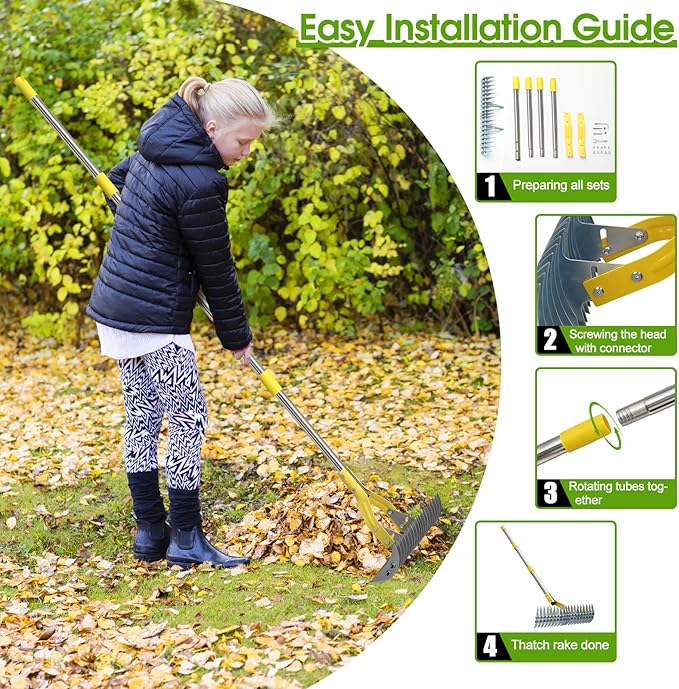 2-in-1 Thatch Rake for Lawn Long Stainless Steel Thatching Rake with Sharp Dethatching Blade Manual Dethatcher & Scarifier Tool for Dead Grass Removal,Soil Loosening Garden Yard Lawn Care (55inch)