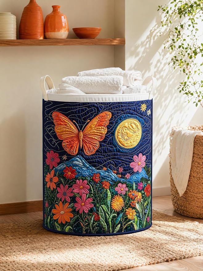 Quilted Laundry Basket with Handles, Boho Floral Quilted Storage Hamper, Large Capacity Laundry Hamper for Nursery Bedroom Laundry Room Home Decor (Pattern 04, Medium (22"H x 16"W x 16"L))