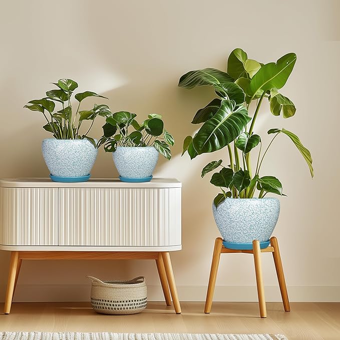 Ceramic Plant Pot - 6 Inch Indoor Planters for Succulent Plants, Round Decorative Flower Pot with Drainage Hole and Saucer, Small Plant Pots, Room Decor, Gifts for Gardeners, Crackle Blue