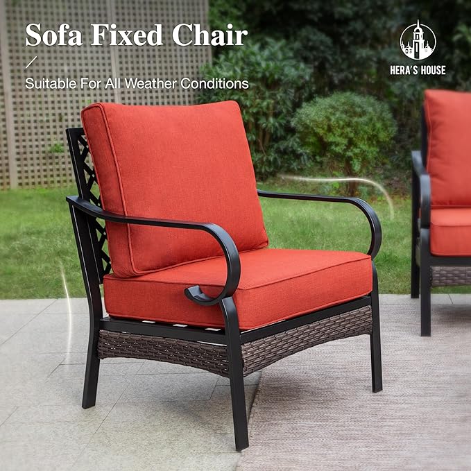 HERA'S HOUSE Patio Chairs Set of 2, High Back Outdoor Dining Chairs with Thick Cushions, All Weather Metal Frame Furniture for Garden, Backyard, Deck, Red