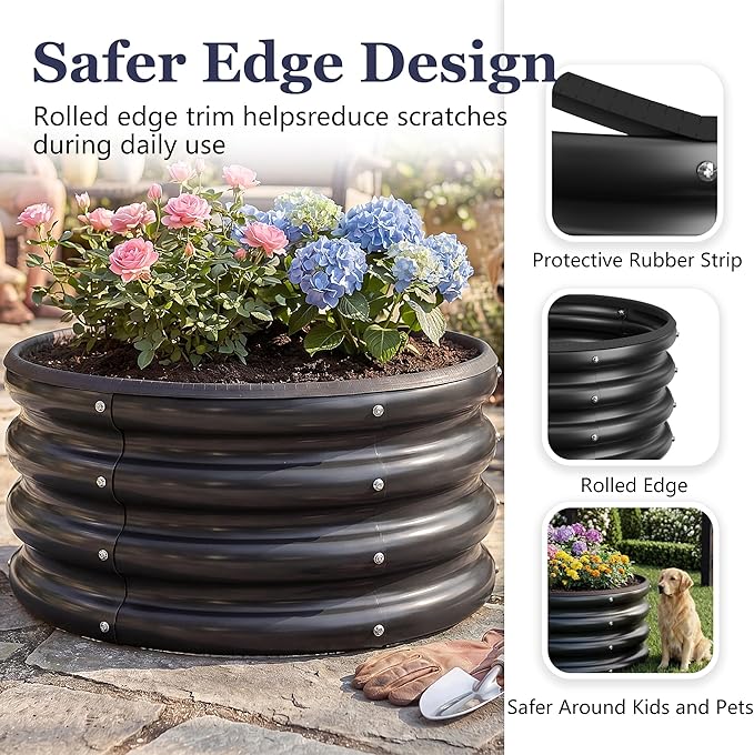 2 x 2 x 1 ft Round Raised Garden Bed, Black 3 Pack 0.6 mm Thick Galvanized Steel Planter Box with Double Layer Paint and Safety Edge Trim for Vegetables Flowers Herbs Outdoor Garden