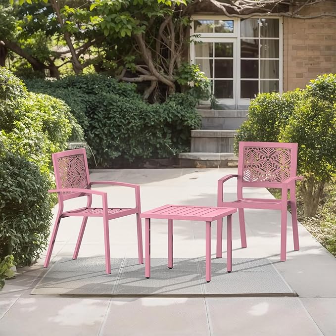 BUPPLEE 3 Piece Patio Bistro Set, Outdoor Steel Furniture Set, Stackable Modern Conversation Sets for Balcony Garden Deck Patio w/2 Chairs 1 Table, Pink