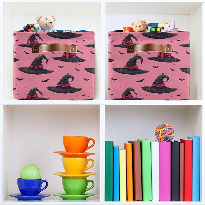 Wamika Halloween Witch Hat Storage Basket with Waterproof Liner and PU Handles Pink Bow Bowknot Bat Storage Bins Boxes 14.2" Collapsible Decorative Organizer Baskets for Bedroom Closet Office 2 Pack