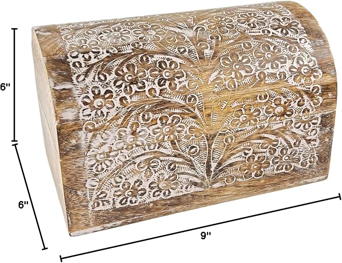 Premium Handmade Wooden Treasure Chest Decorative Trunk for Keepsakes Semicircular Curved Floral Jewellery Box Trinket Box Ladies Jewellery Storage Case Handcrafted Home Decor (White & Brown)