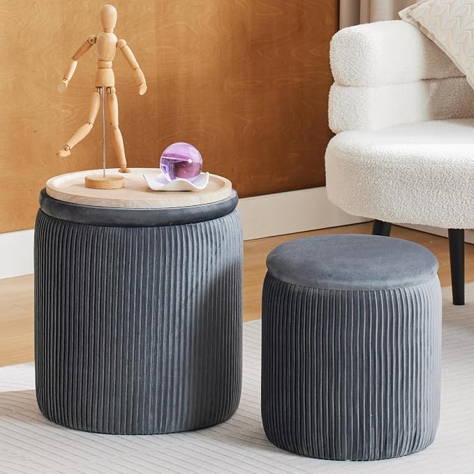 BLEXA Set of 2 Round Storage Ottoman,Light Grey Velvet Ottoman Storage | Upholstered Padded Vanity Stool, Multifunctional Coffee Table & Foot Rest for Bedroom, Living room with Hidden Storage Space