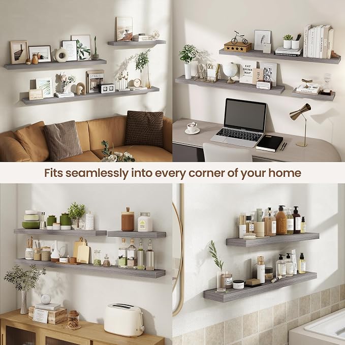 Acovy 24 Inch Floating Shelves for Wall 2 Pack, 24" Wall Shelves for Books, Storage, Decor, Wall Mounted Floating Shelf with Invisible Brackets for Kitchen, Living Room, Gray
