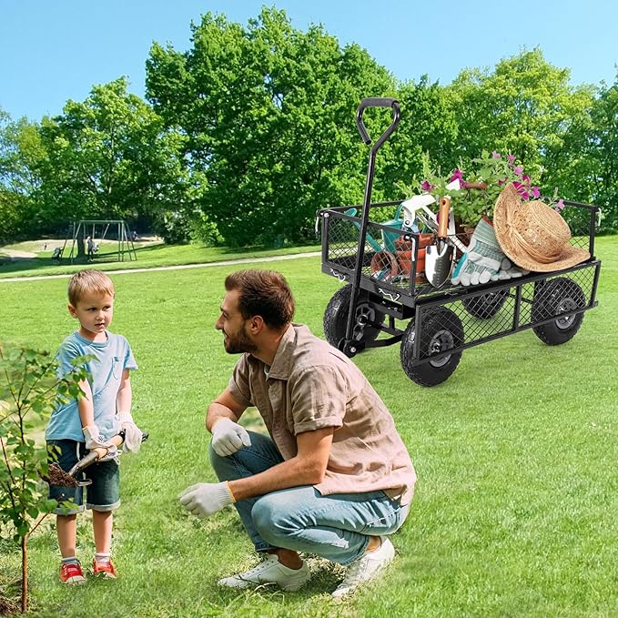 GarveeLife Heavy Duty Steel Garden Cart Folding Utility Wagon with Removable Cart Liner, 500 LBS Capacity