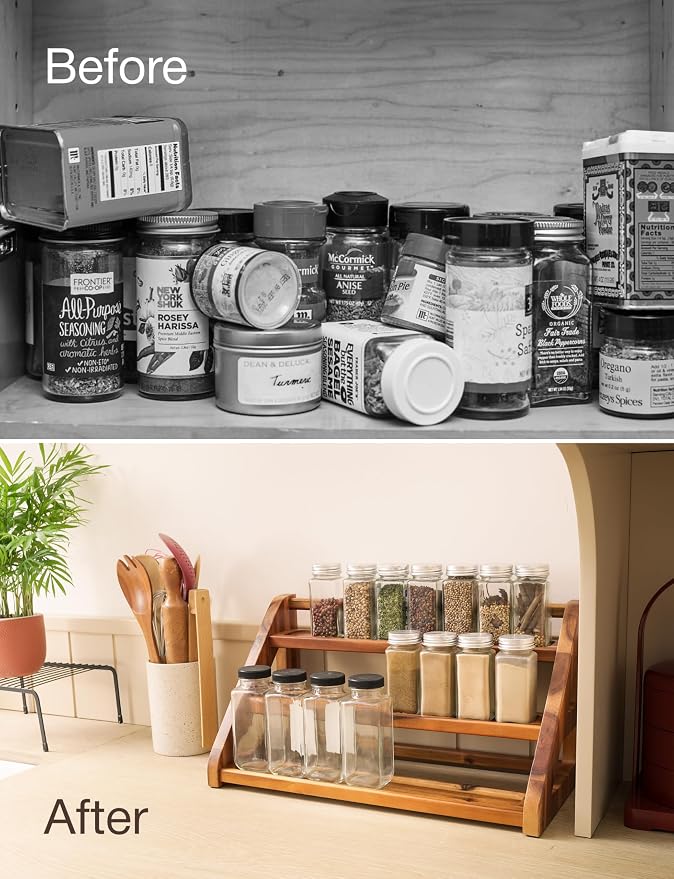 Tinamo Acacia Wood Spice Rack for Countertop, 3-Tier Design, Holds 24 Jars | Solid Acacia Wood, 3-tier Spacious Design for 24 Spice Jars, Cutout Grooves for Secure Storage, Easy Assembly, Acacia Color