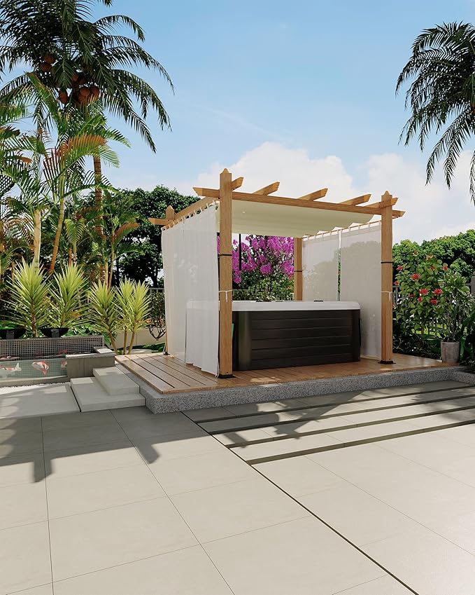 KYBOLT 10x10 Ft Outdoor Pergola with Retractable Canopy Metal Gazebo Imitation Wood-Grain Column with Side Mesh Screen Modern Pavilion for Backyard(Beige+White)