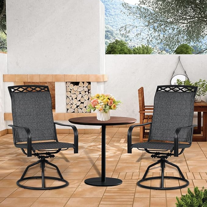 SHGJ&SOFT Patio Swivel Chairs, Waterproof Outdoor Dining Chairs with All-Weather Textilene Mesh for Deck, Garden, and Backyard (Patterned backrest-Grey, Set of 2)
