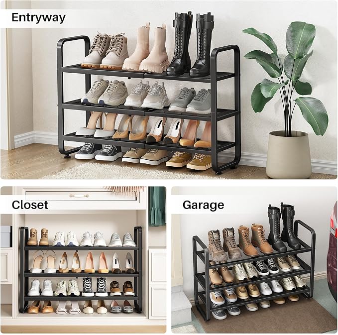 Expandable Metal Shoe Rack for Closet, Entryway & Garage, 3-Tier, Black
