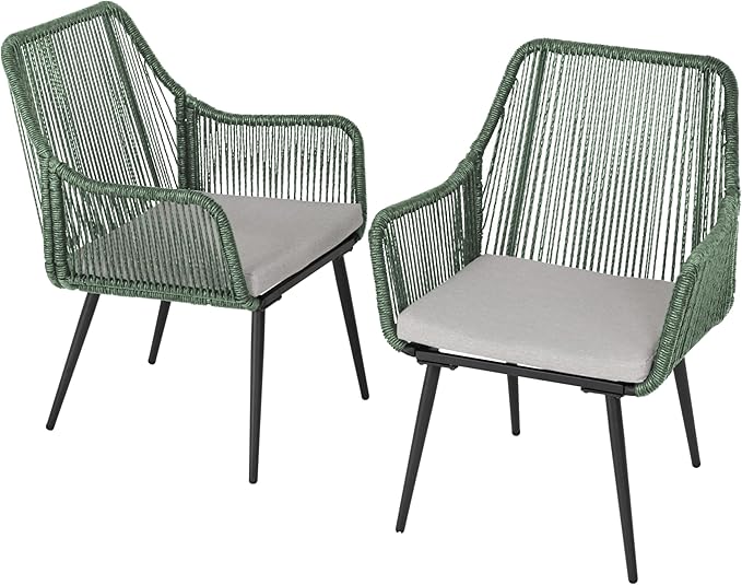 Patio Dining Chairs Outdoor Dining Chairs Set of 4, Woven Twisted Wicker Rattan Chair with Armrest and Cushion, Modern Indoor Outdoor Seating for Garden, Lawn, Backyard, Green