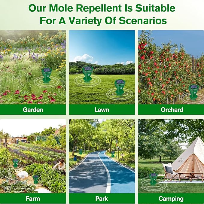 Mole Repellent Solar Powered, 2 Pack Ultrasonic Gopher Repeller IP65 Waterproof for Lawn Garden Yard, Sonic Vole Repellent Mole Killer Outdoor Get Rid of Snake Groundhog Chipmunk Squirrels-Dark Green