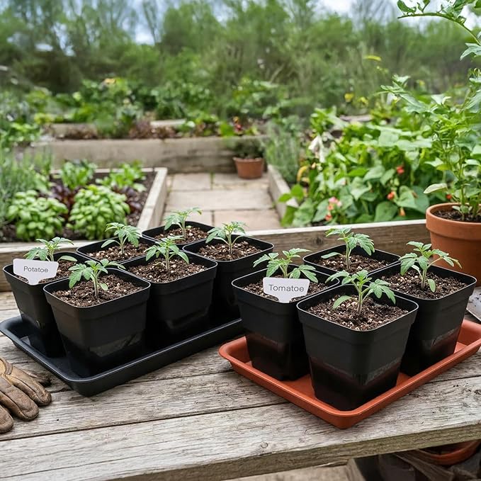 GREANER 4 Inch Nursery Pots, 100PCS Square Plastic Plant Pot with Drainage Holes, Small Planters for Seedling, Planting, Transplanting, Cuttings(Black)