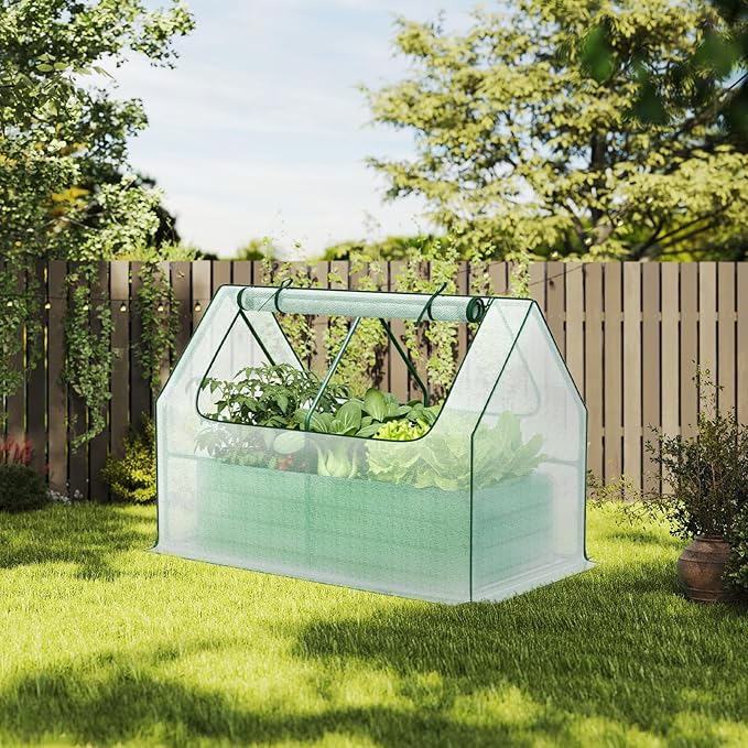 Aoodor Raised Garden Bed Kit, 4x2x1 FT Galvanized Planter Box with PE Cover, Screen Windows for Gardening, White