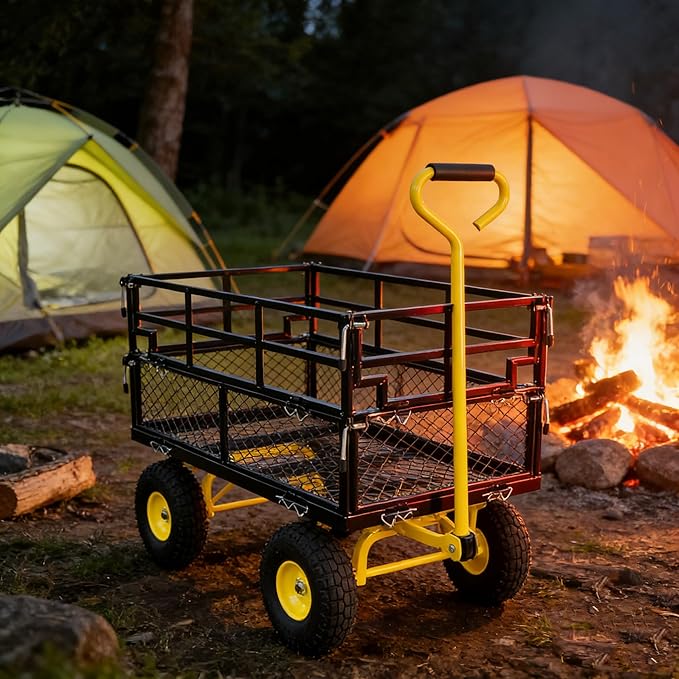 Steel Garden Cart 600 lbs Capacity Heavy Duty Garden Wagons,with Removable Steel Mesh Sides to Convert into Flatbed,Utility Metal Wagon w/ 180°Rotating Handle (Yellow-Pneumatic-Double Height)