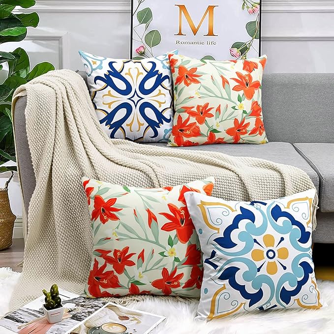 Pyonic Outdoor Pillows Covers Pack of 2 Spring Floral Waterproof Throw Pillow Covers 18X18 inch Outdoor Pillows for Patio Furniture Garden Square Outside Waterproof Pillow