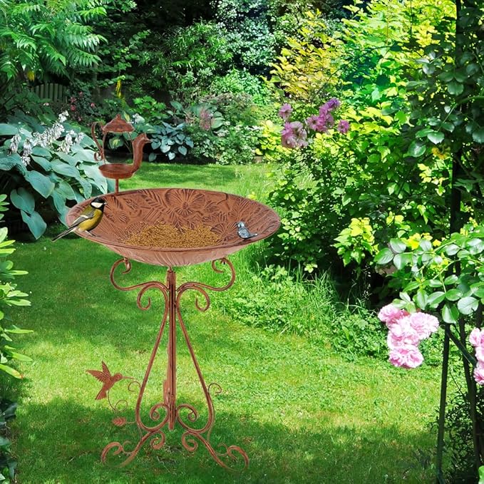 VEWOGARDEN Large Metal Bird Bath for Outside Garden Standing Birdbath with Feeder for Outdoors Yard Patio Lawn Decoration, Brown