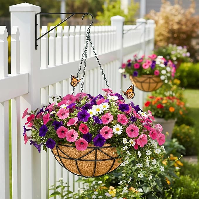 Hanging Baskets for Outdoor Plants (12 inch 2 Pack) Black Metal Wire Flower Basket Coconut Coir Hanging Planters with Chain Indoor Plant Holder for Patio Garden Balcony