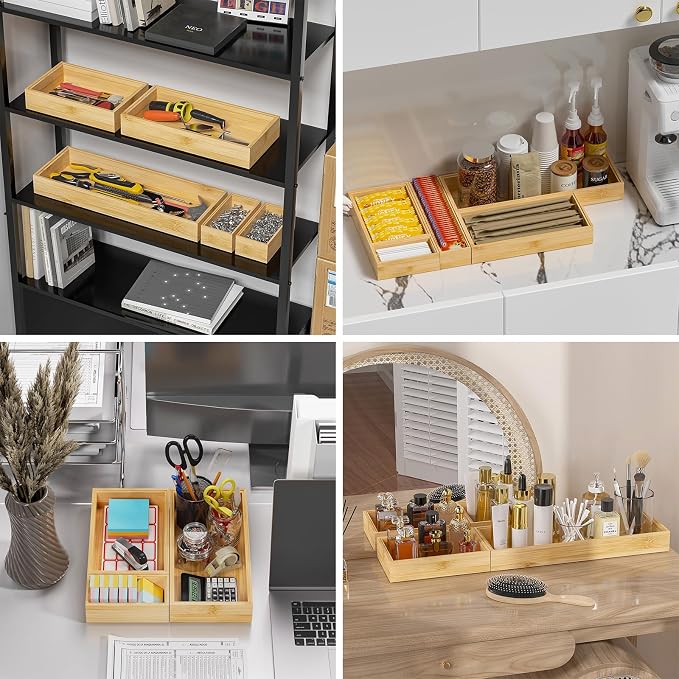 Lixple Bamboo Drawer Organizer, Small Silverware Organizer for Kitchen Drawer, Stackable Utensil Tray, 2 Pcs Flatware Organizer, Bamboo 6" x 3" x 2" (Outer), 5.3" x 2.3" x 1.77" (Inner)