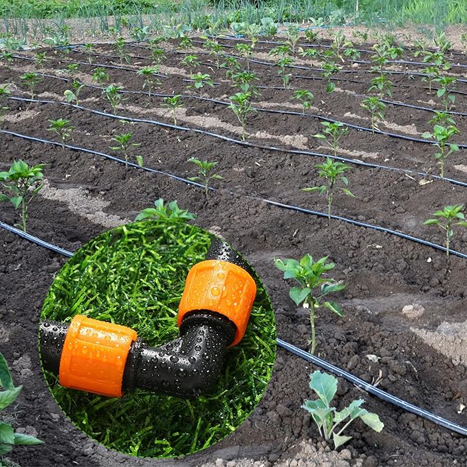 Tujoe 50 Pcs Drip Irrigation 90 Degree Elbow Fitting 5/8 Inch Universal Elbow Connector with Locking Fitting Compatible with Most 16-17 mm Garden Hose Tubing Sprinkler Systems