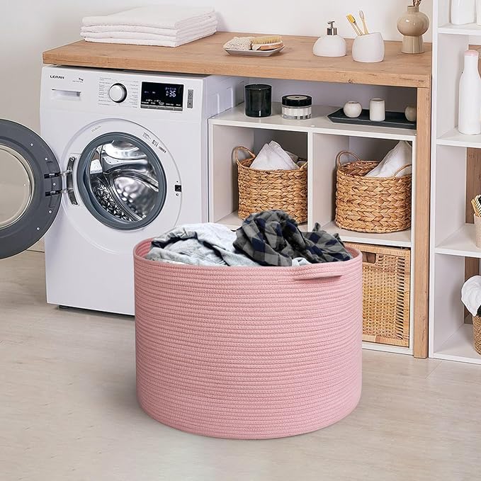 MEGASKET Extra Large Pink Basket, 22"x22"x14" Woven Cotton Rope Bin with Handles, Blanket Storage for Living Room, Baby Kids Toy Storage Bin Box, Wicker Laundry Basket, Pink Room Decor Organizing