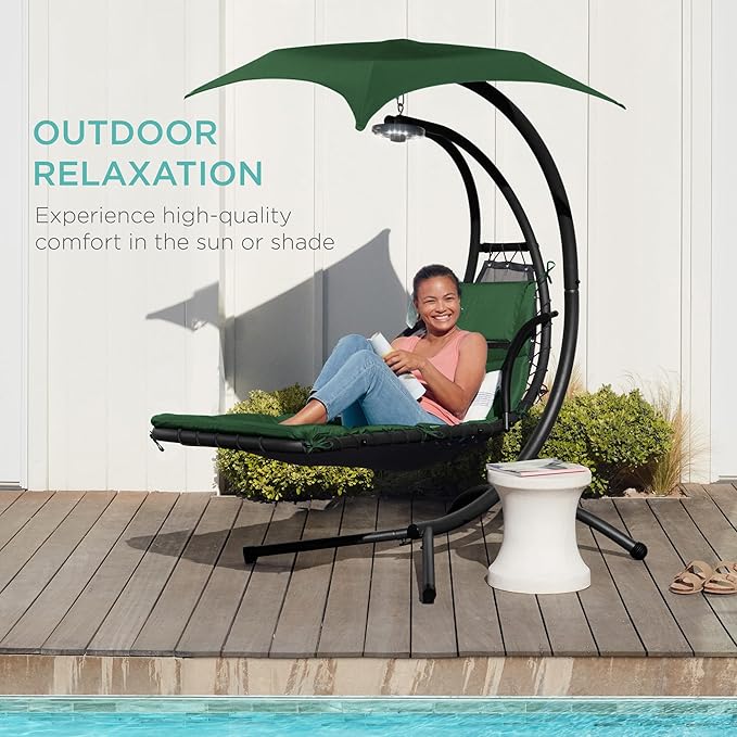 Best Choice Products Hanging LED-Lit Curved Chaise Lounge Chair Swing for Backyard, Patio, Lawn w/ 3 Light Settings, Weather-Resistant Pillow, Removable Canopy Shade, Steel Stand - Green