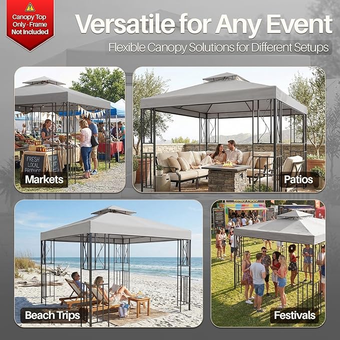 Flexzion Gazebo Cover Replacement Canopy Top 10x10 Ft (3m x 3m) - Double Tier Top Canopy Cover Replacement with UV30+, Dirt, Water Resistant for Outdoor, Sunshade, Garden, Patio, Pavilion (Gray)