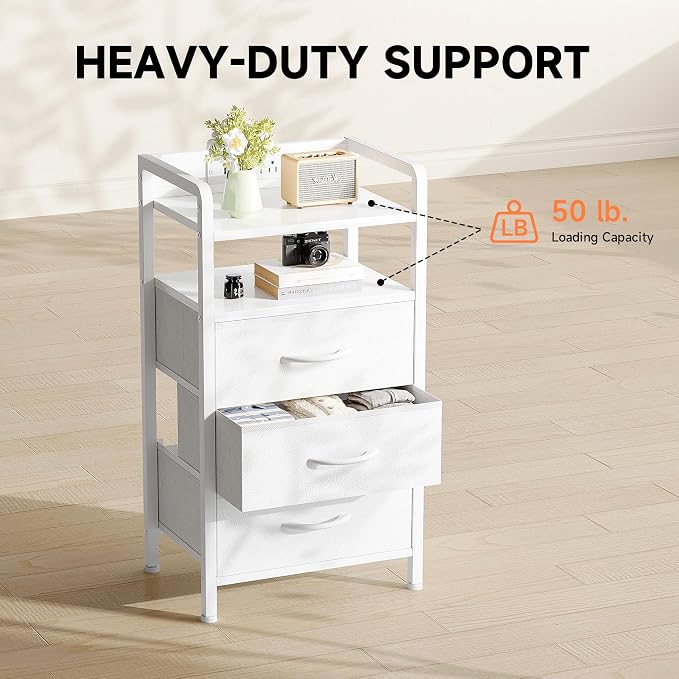 Lazzanto Nightstand with Rear Charging Station, LED Light, 3 Drawers, White
