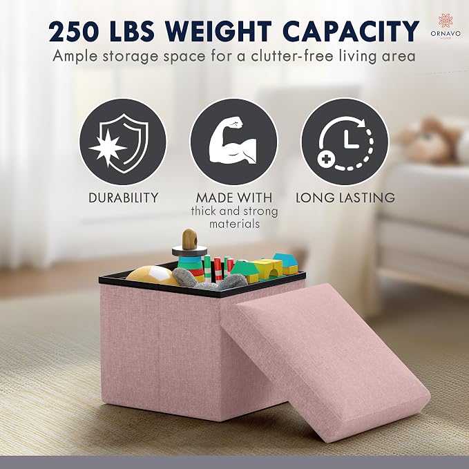 Ornavo Home Small Square Storage Ottoman, Set of 2, 12x12x12, Pink | Foldable Collapsible Linen Cube Design; Foot Rest Stool Seat; Ideal for Living Room, Bedroom, Home Office or Dorm