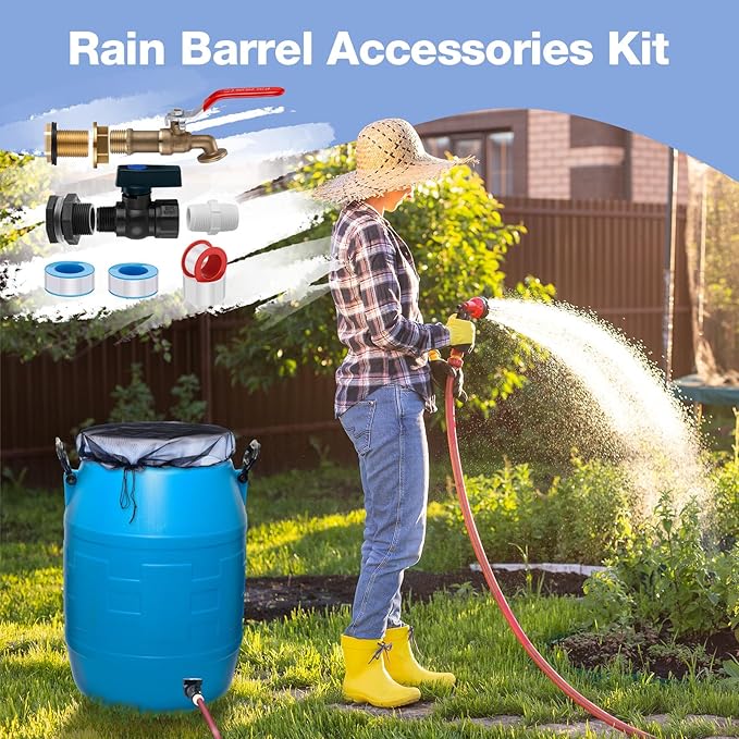 Tujoe 4 Set Rain Barrel Kit Barrel Spigot Kit 3/4 Mesh Cover with Drawstring PVC Barrel Spigot Brass Faucet Kit Bulkhead Fitting Hose Faucet Adapter Thread Seal Tape for Rain Barrel Water