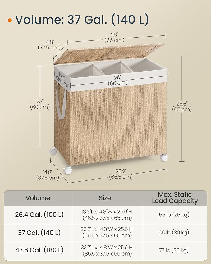 SONGMICS HOME Laundry Hamper with 3 Section, 140 L, Rattan, with Wheels | Rolling Clothes Basket with Lid, Removable Liner with Handles, Natural Beige and Matte White, PEZZO Collection ULCB602N01