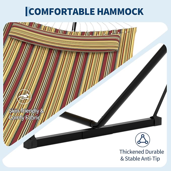 Garvee 2 Person Hammock with Stand for Outside, Double Hammock with Stand and Pillow, Max 450 Lbs Capacity with Balance Rope, Large Hammock for Outdoor Patio Backyard Poolside