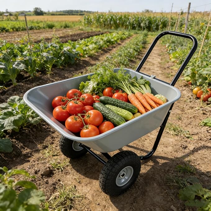 Heavy-Duty Two-Wheeled Garden Barrow with 10-Inch Pneumatic Wheels, 35L Large Capacity Leakproof Wheelbarrow for Farm, Lawn & Warehouse Use (Gray)