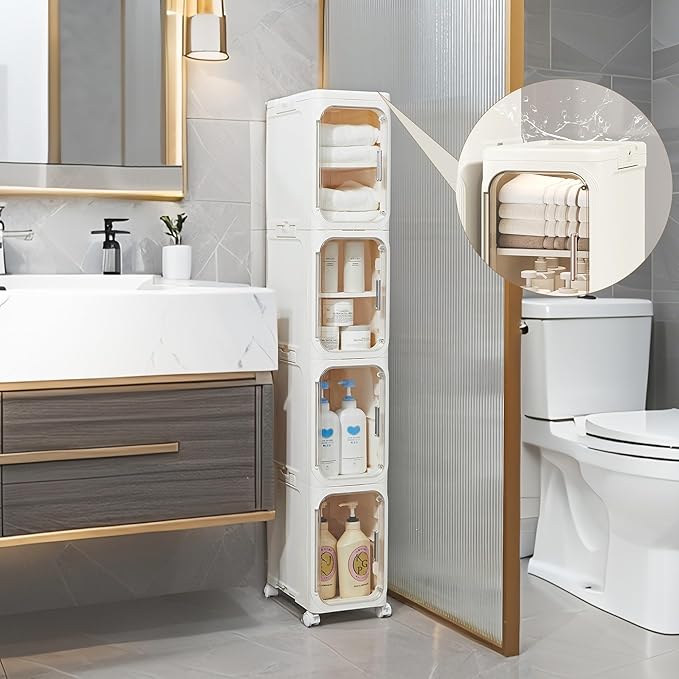 2-Tier Narrow Storage Cabinet Slim Bathroom Skinny Organizer with Wheels | Slim Storage Cabinet with Lockable Rolling Wheels Adjustable Detachable Shelves Snap Assembly for Small Spaces,Snow White