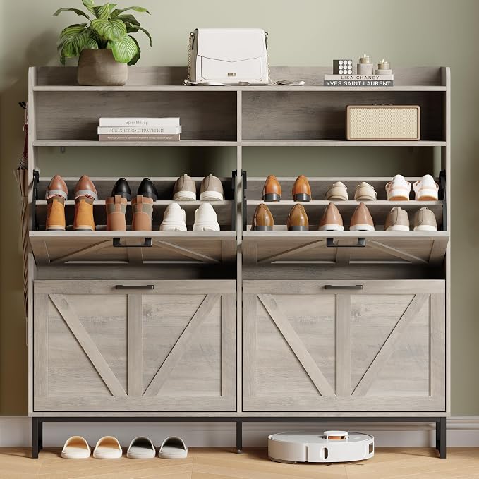 Xixini Shoe Storage Cabinet with 4 Flip Drawers, Entryway Shoe Rack, Grey