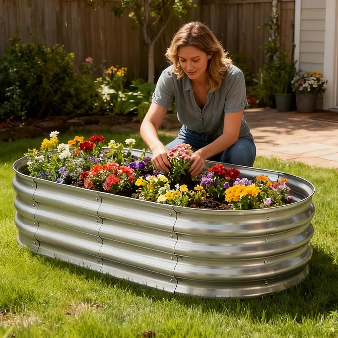 TATAANTY Galvanized Raised Garden Bed Kit, 2-Pack Rust-Resistant Planter Garden Boxes Outdoor, Oval Large Metal Raised Garden Beds for Vegetables Easy to Set Up - 4x2x1ft (2 Pack)
